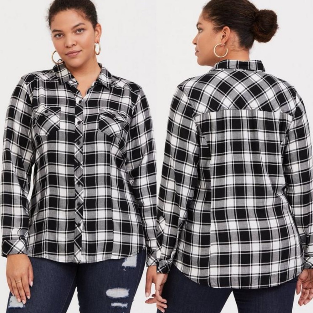 Torrid Challis Button Down Long Sleeve Shirt Plaid Black White Womens 3X Top